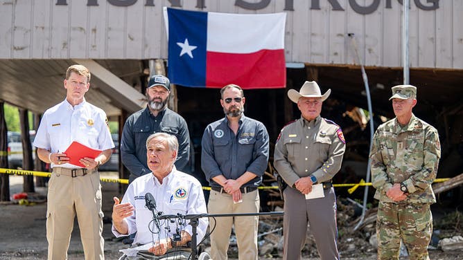 Gov. Greg Abbott speaks at a news conference on July 08, 2025 in Hunt, Texas. Gov. Abbott announced more than 160 people were still missing after deadly floods early Friday.