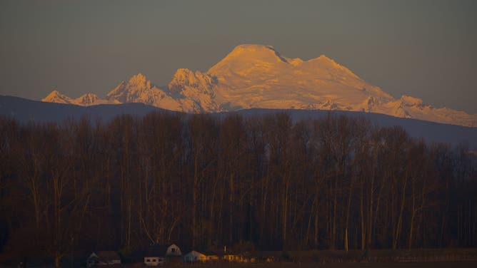 UNITED STATES - 2013/01/01: View at sunset of Mount Baker in the North Cascade Mountains from the Skagit Valley in Washington State, USA.