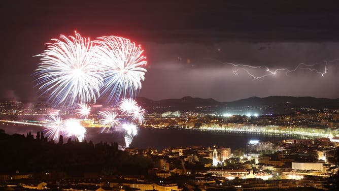 A photo of lightning and fireworks