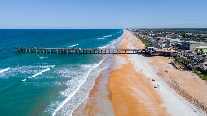 Florida, Flagler Beach, Aerial of pier and beach coastline.