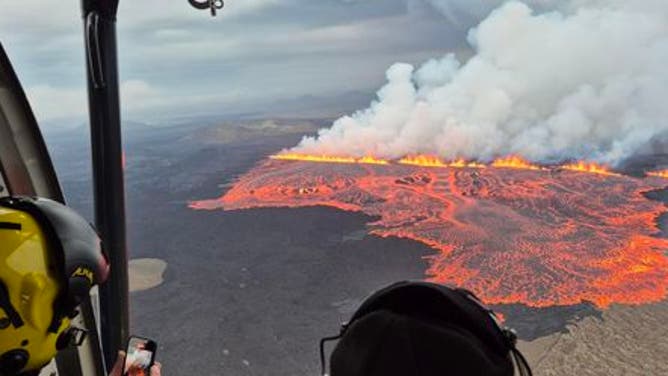 Image from a surveillance flight by the Icelandic Coast Guard shows the lava field that formed after an eruption on Wednesday, July 16, 2025.