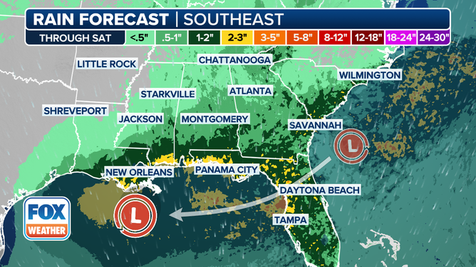 This graphic shows the forecast rain totals for the Gulf Coast through Saturday, July 26, 2025.