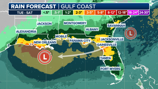 This graphic shows the expected rainfall in Florida and the Gulf Coast from Tuesday, July 22 through Saturday, July 26, 2025.