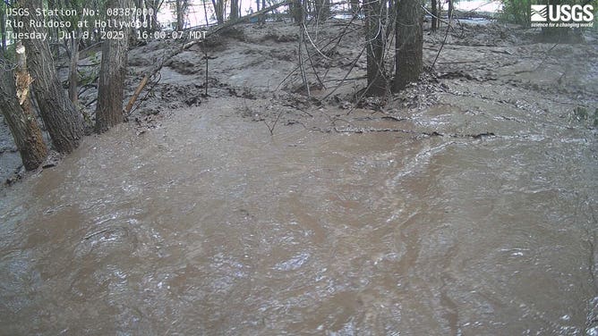 The Rio Ruidoso reaches major flood stage at 15 feet at 4 p.m.