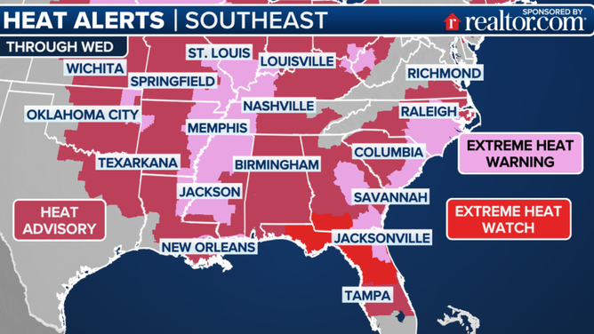 This graphic shows heat alerts through Wednesday, July 30, 2025.