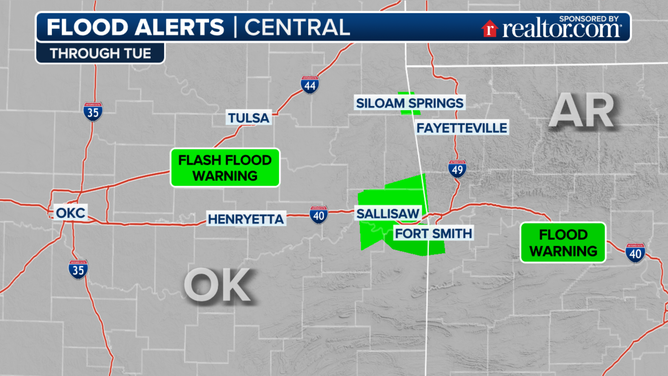 Flood alerts for Oklahoma and Arkansas through Tuesday afternoon.