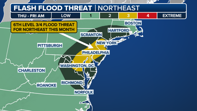 Flash flood threat for the Northeast for Thursday.
