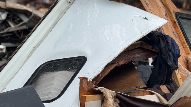 Debris from RVs and campers washed away in Kerrville, Texas during the deadly July 4, 2025 flooding.