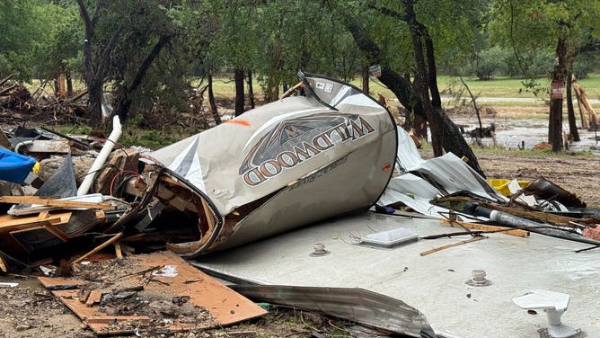 Debris from RVs and campers washed away in Kerrville, Texas during the deadly July 4, 2025 flooding.