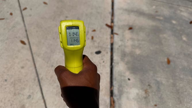 The hot concrete in West Palm Beach, Florida reads 114 degrees.