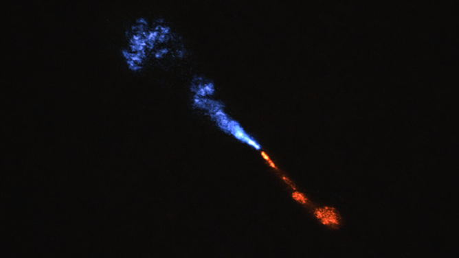 This image shows jets of silicon monoxide (SiO) blowing away from the baby star HOPS-315. The image was obtained with the with the Atacama Large Millimeter/submillimeter Array (ALMA).