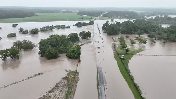 This image comes from drone video showing the devastating flooding in Kendall County, Texas, on July 4, 2025.