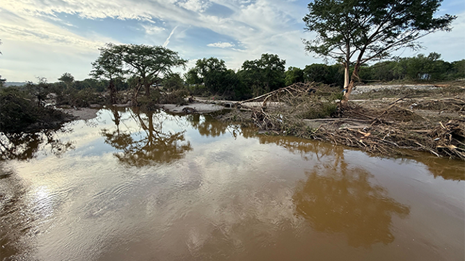 This image shows the aftermath of historic and deadly flooding in Kerrville, Texas.