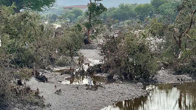 This image shows the aftermath of historic and deadly flooding in Kerrville, Texas.
