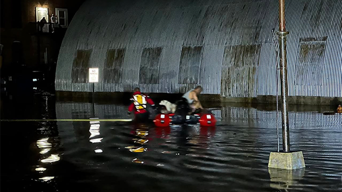 This image shows evacuations and water rescues taking place in Elsberry, Missouri, on Sunday, July 27, 2025.