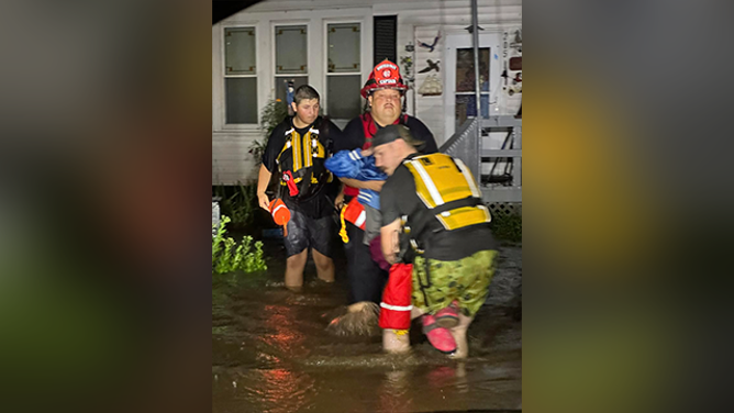This image shows evacuations and water rescues taking place in Elsberry, Missouri, on Sunday, July 27, 2025.