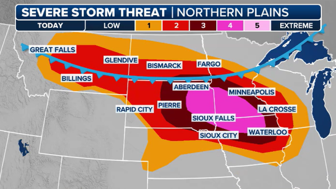 This graphic shows the severe weather threat for Monday, July 28, 2025.