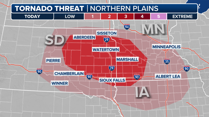 This graphic shows the tornado threat for Monday, July 28, 2025.
