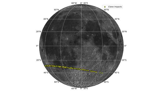 The current impact corridor for 2024 YR4 (yellow) projected on a map of the Moon’s near side from Lunar Reconnaissance Orbiter.
