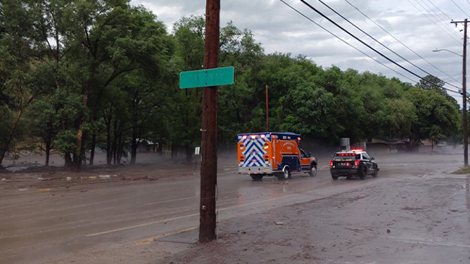 Emergency vehicles respond to flooding in Ruidoso, New Mexico on July 8, 2025.