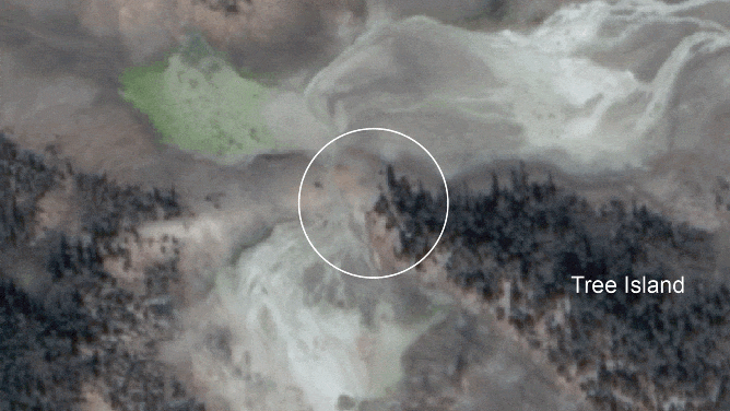 An animated GIF of high-resolution satellite images of the Porcelain Basin area of Norris Geyser Basin in Yellowstone National Park, showing the development of a new thermal pool in the circled area with no development from October 19 to December 19, 2024. A small depression is visible in January 6, 2025 and in the February 13, 2025, image, the pool is fully formed.