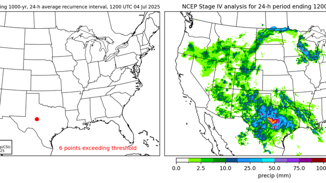 1-1,000 year rainfall event in North Carolina on 7/4/2025