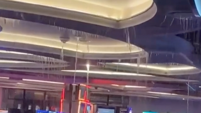 An image showing water pouring from the ceiling inside the J Resort and Casino in Reno, Nevada on July 27, 2025.