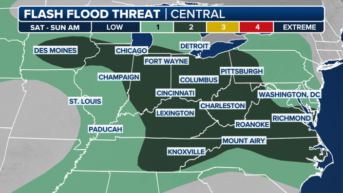 This graphic shows the flash flood threat beginning Saturday, July 19, 2025.