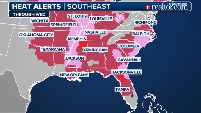 This graphic shows heat alerts across the Southeast beginning Monday, July 28 through Wednesday, July 30, 2025.