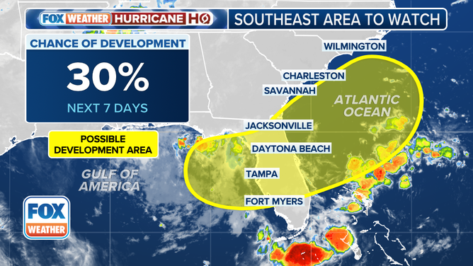 This graphic shows the tropical development chances off the Southeast coast over the next week.