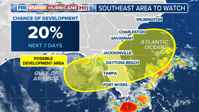 This graphic shows an area to watch for tropical development off the coast of the Southeastern US.