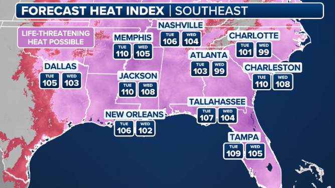 This graphic shows the forecast heat indices through Wednesday, July 30, 2025.