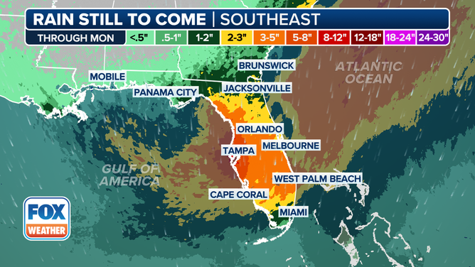 This graphic shows expected rainfall for Florida and parts of the Southeast and Gulf coasts through next Monday, July 7, 2025.