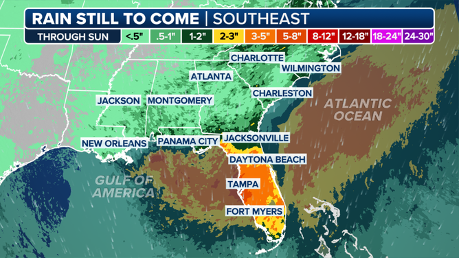 This fraphic shows the forecast rain totals in the Southeast and Florida through Sunday, July 6, 2025.