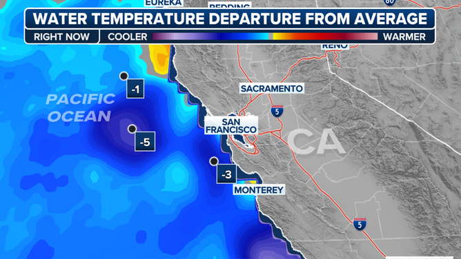 This graphic shows the cooler than average water off the coast of San Francisco, CA.