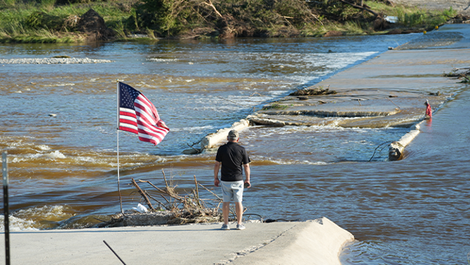 INGRAM, TEXAS - JULY 8: Residents revisit the banks of the Guadalupe River after historic floodwaters recede Ingram, Texas, United States on July 8, 2025. The area was heavily impacted by recent flash floods that caused widespread damage and prompted large-scale rescue operations while Texas Gov. Greg Abbott said the death toll from the flooding now stands at 109 people and there are 161 people known to be missing in the Kerr County area. (Photo by Lokman Vural Elibol/Anadolu via Getty Images)