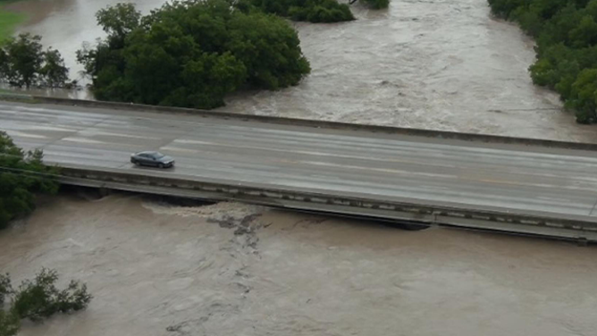 This image shows the Lampasas River near Kempner, Texas, on July 13, 2025.