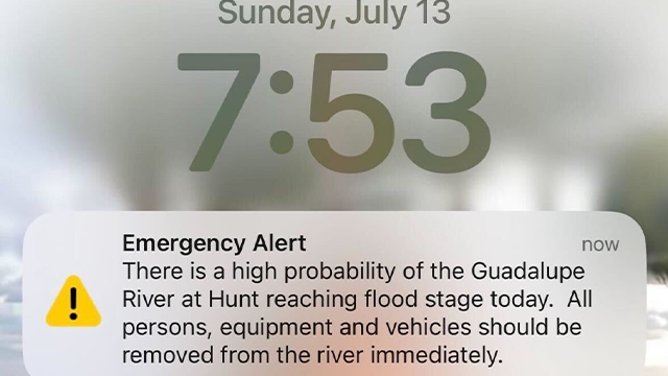 This image from FOX Weather Correspondent Katie Byrne warns people along the Guadalupe River at Hunt, Texas, that flooding is likely on Sunday, July 13, 2025.