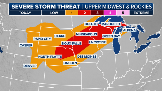 This graphic shows the severe weather threat for Wednesday, July 23, 2025.