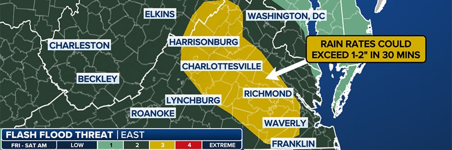 Virginia faces 'dangerous' risk of urban flash flooding amid relentless thunderstorms