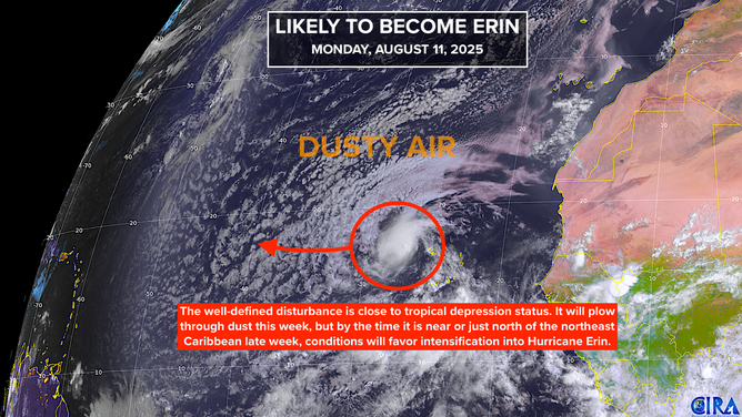 This satellite image shows Invest 97L in the tropical Atlantic basin.