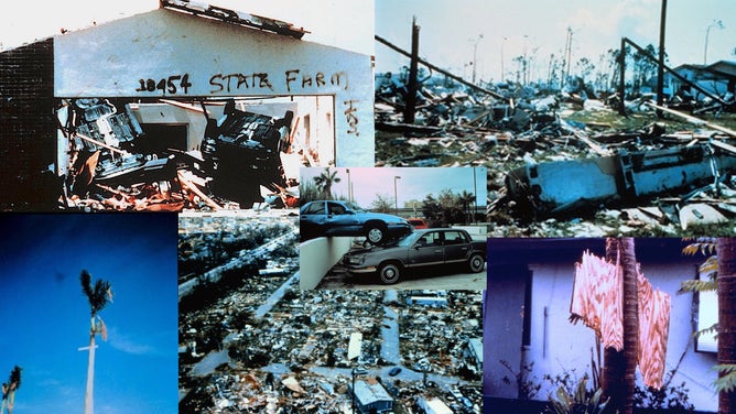 This image shows destruction caused by Hurricane Andrew in South Florida in August, 1992.