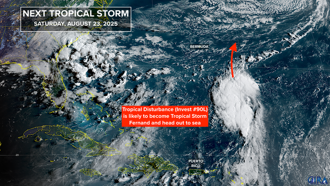 Satellite image of Invest 90L in the Atlantic.