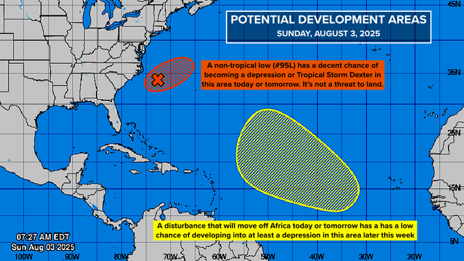 This graphic shows the development chances of Invest 95L and an area to watch in the Atlantic Ocean.