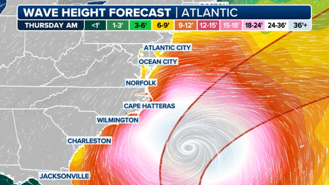 This representation  shows imaginable   question    heights on  the U.S. East Coast from Hurricane Erin connected  the greeting  of Thursday, Aug. 21.