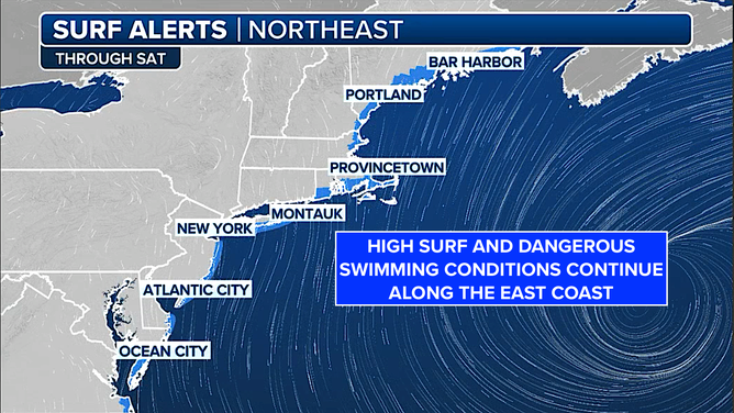 This graphic shows surf alerts through Saturday, August 23, 2025.