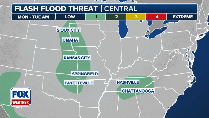 This animated image shows the flood threat on Monday, Sept. 1, 2025.