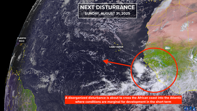 This image shows information on a tropical disturbance getting set to move off the coast of Africa into the Atlantic Ocean.