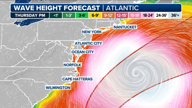 This representation  shows imaginable   question    heights on  the U.S. East Coast from Hurricane Erin connected  the evening of Thursday, Aug. 21.
