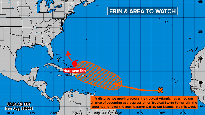 This graphic shows another tropical wave in the Atlantic Ocean on Aug. 18, 2025.